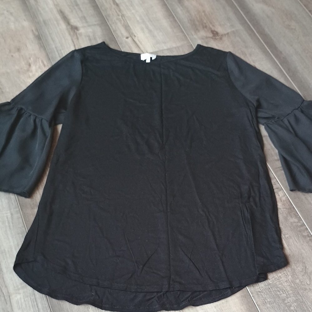 Gray Ruffled Bell Sleeve Blouse with 3/4 Sleeves